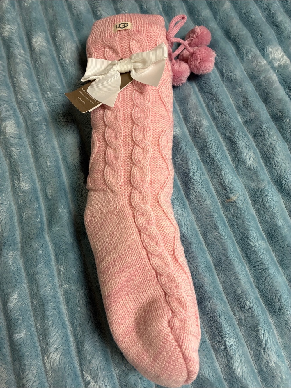 UGG Pink Cable-Knit Stocking with Pom Pom Accent